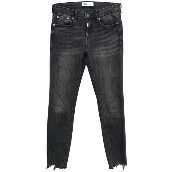 Zara Jeans Women’s 4/27 Skinny Mid Rise Black Raw Hem Stretch Denim - Picture 2 of 5
